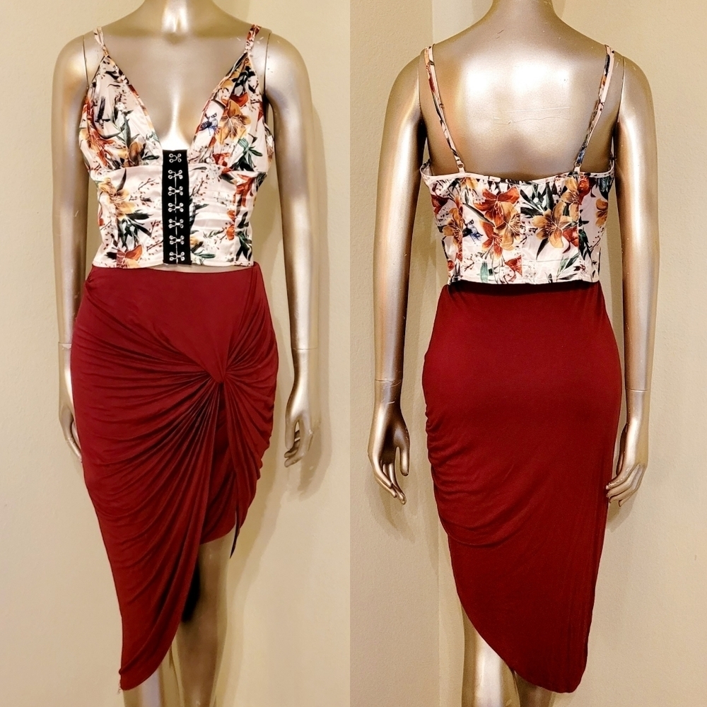 NWOT Merlot Side Knot Ruched Asymmetrical Knit Skirt Sz L
